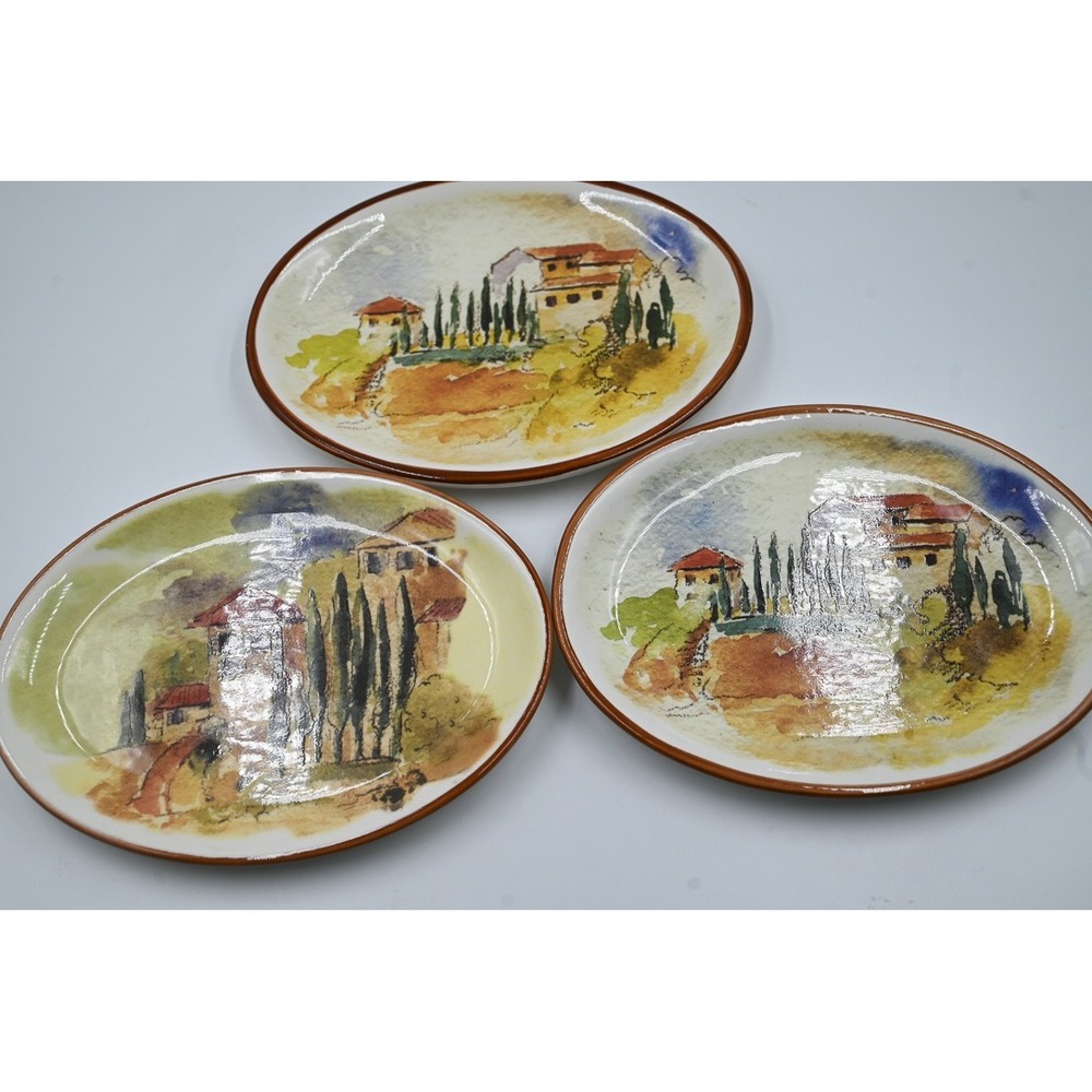 Williams Sonoma Tuscan Landscape Appetizer Plates Set of 3 Portugal Ceramic Oval